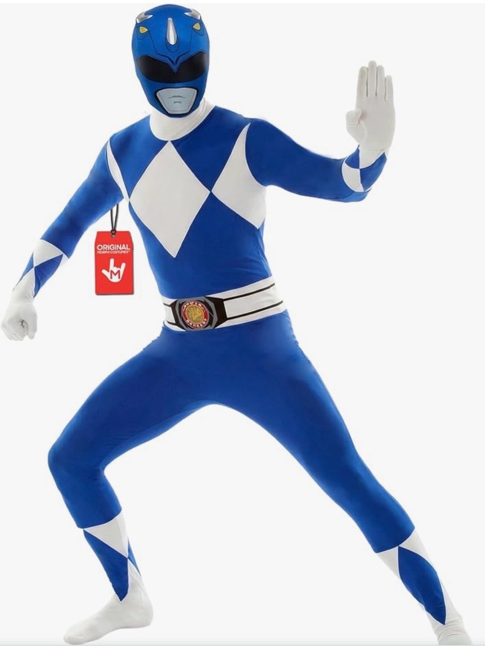 Blue Ranger Adult Superhero Costume — Morph Blue and White Full-Body Suit
